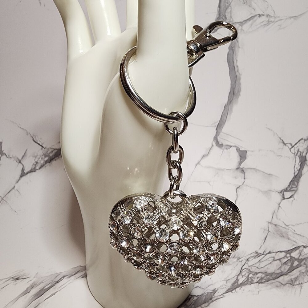 XL Rhinestone Puffy Silver Heart Keychain